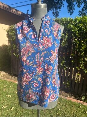 J. Crew Blue Floral Paisley Sleeveless Ruffle-Neck Top